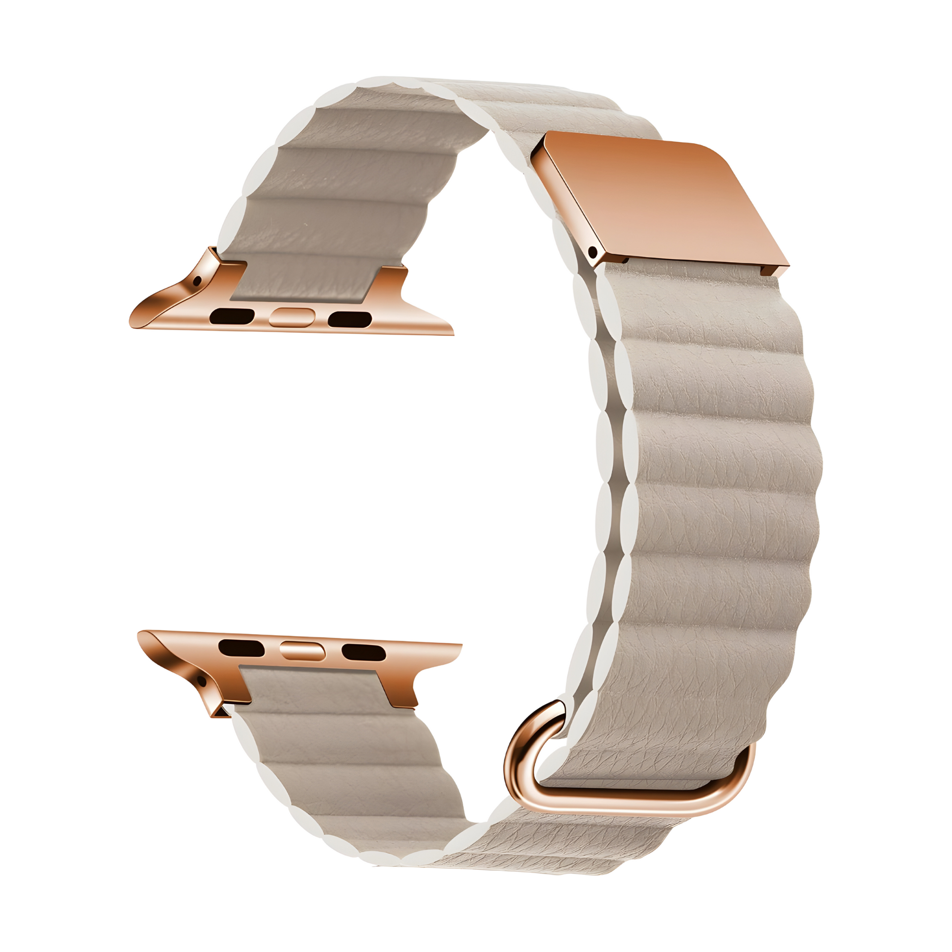 Beige watch strap with rose gold hardware on a white background