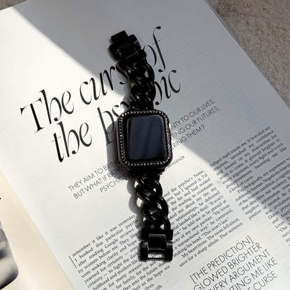 black apple watch chain band with a black rhinestone apple watch case