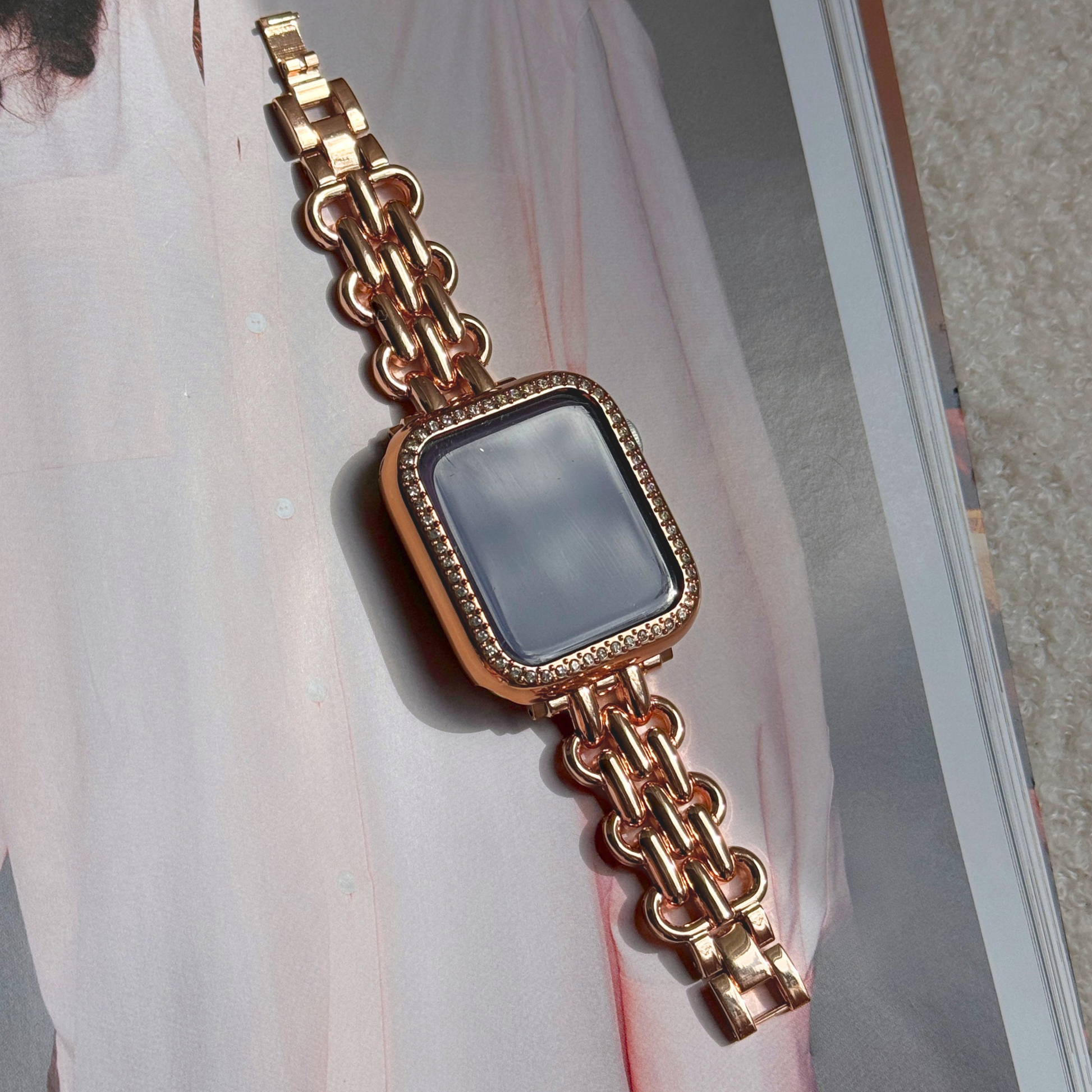 Rose gold chain apple watch bracelet with a rose Gold rhinestone apple watch case