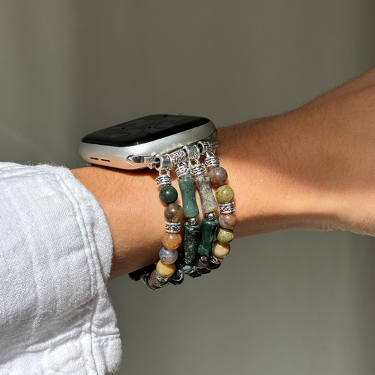 Handmade boho beaded Apple Watch band with natural agate stones and alloy accents