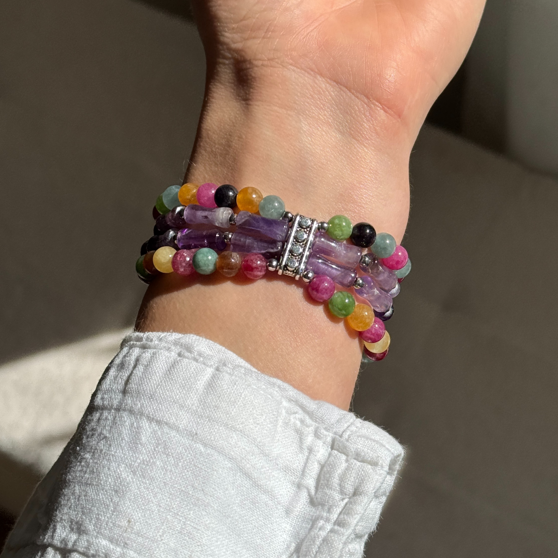 Artisan-crafted boho Apple Watch strap with multicolor agate stones and silver details