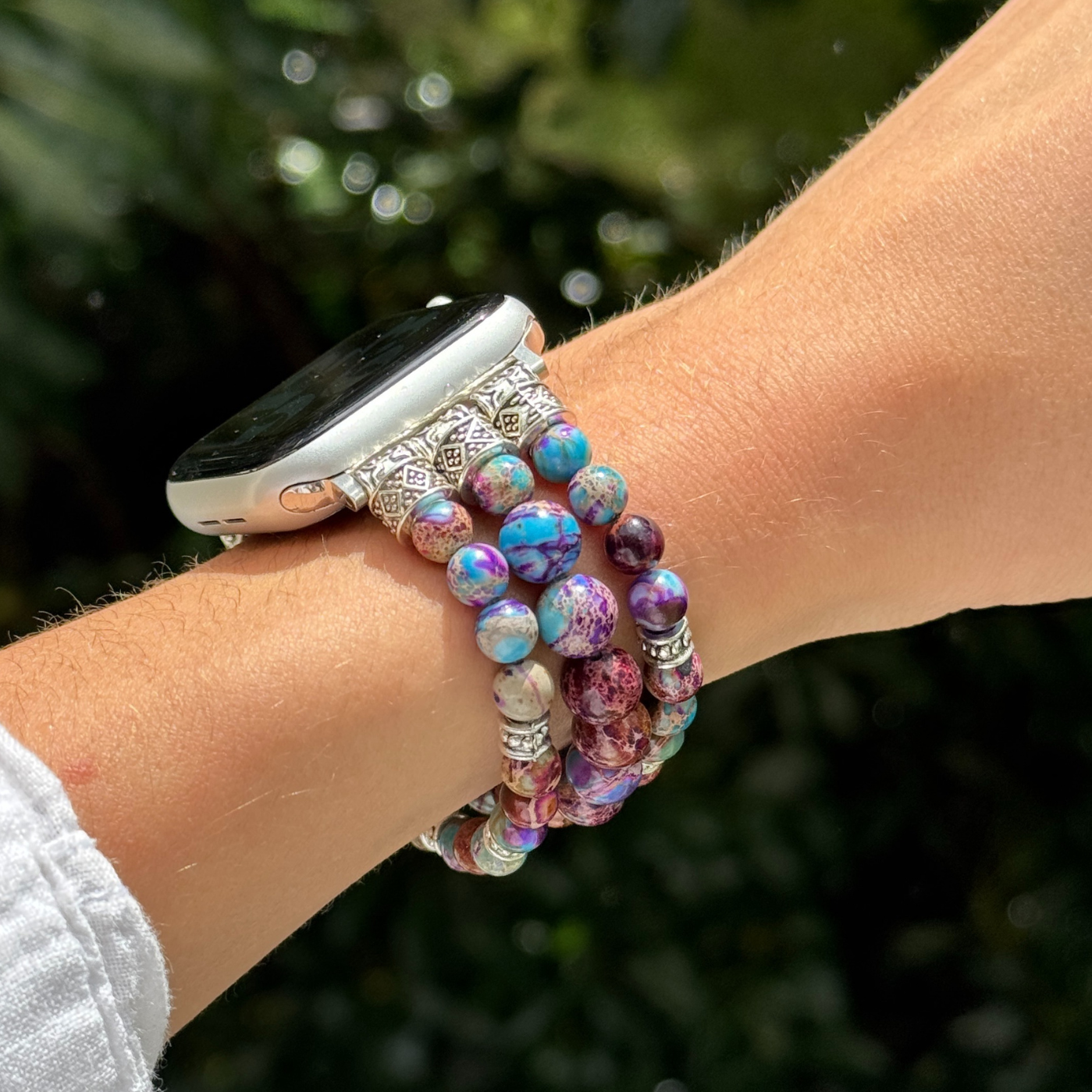 Beaded Apple Watch bracelet in boho style – handmade agate stone strap for women