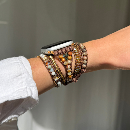 Elegant bohemian Apple Watch band made with agate beads and stainless steel connectors
