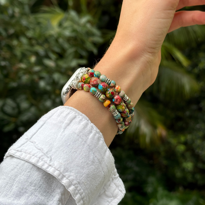 Artisan-crafted boho Apple Watch strap with multicolor agate stones and silver details