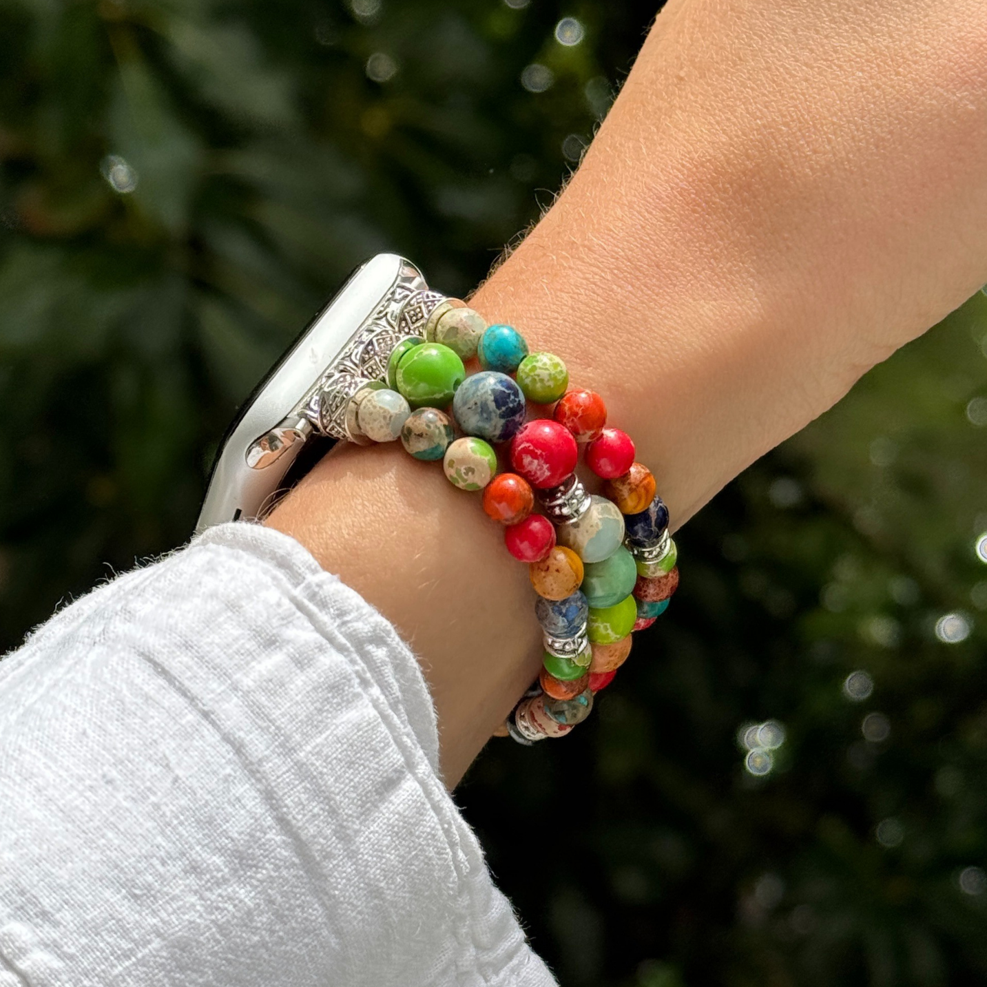 Beaded Apple Watch bracelet in boho style – handmade agate stone strap for women