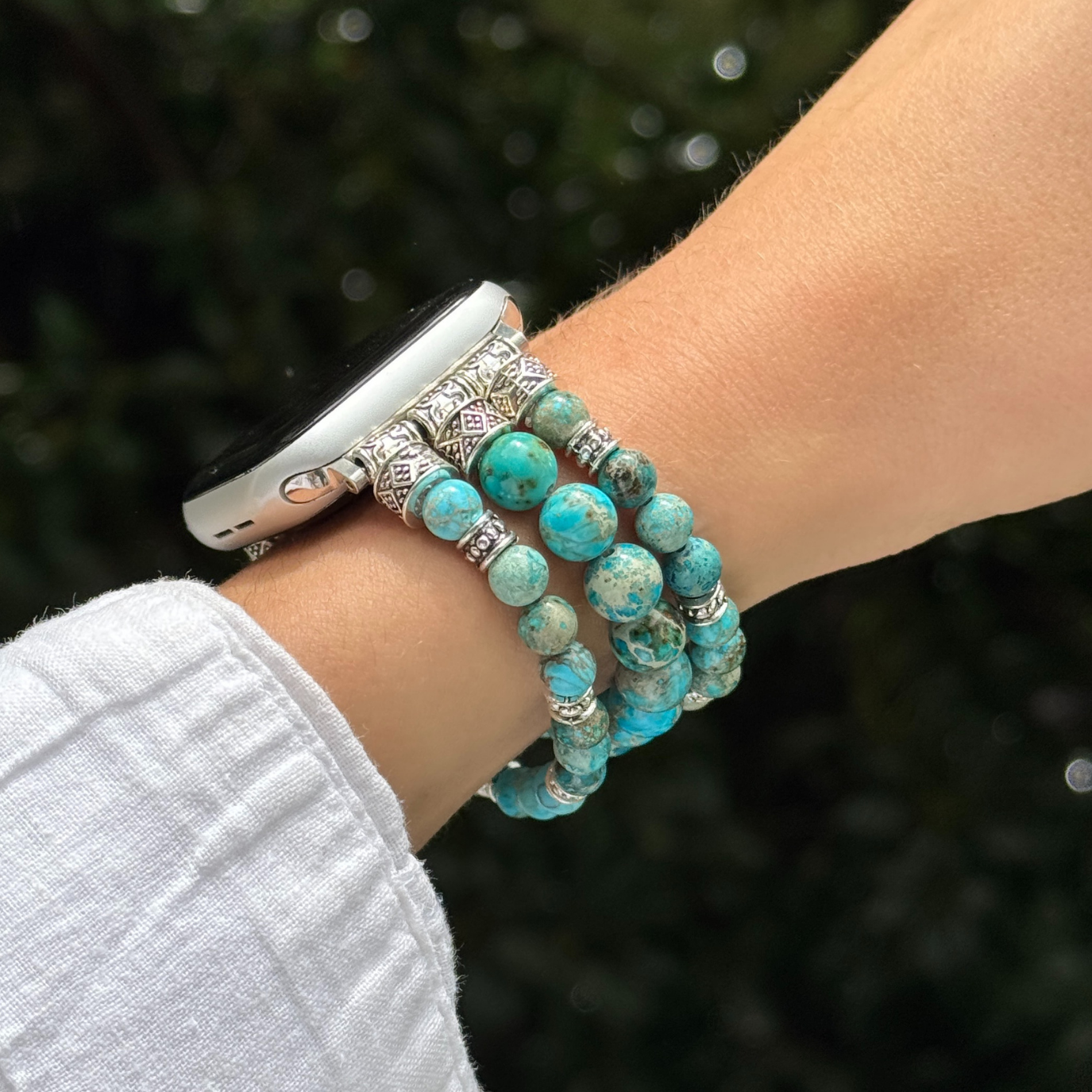 Artisan-crafted boho Apple Watch strap with multicolor agate stones and silver details