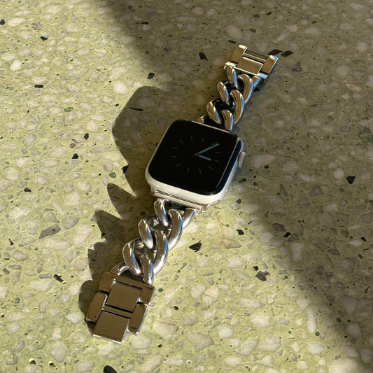 Bold chain link Apple Watch band for women. Waterproof, stainless steel, resizable, and made to stand out. Available in 4 statement colors.