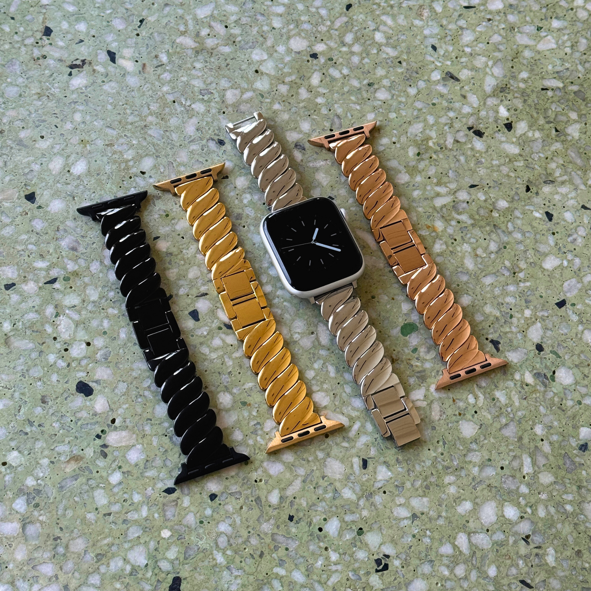 Elevate your style with our Twist Apple Watch Band. Crafted from premium stainless steel and available in silver, gold, rose gold, black, this band fits Apple Watch sizes 38mm to 49mm, including Series 10, 9, 8, 7, 6, 5, 4, 3, SE, and Ultra models. Ideal for women seeking a sophisticated touch.