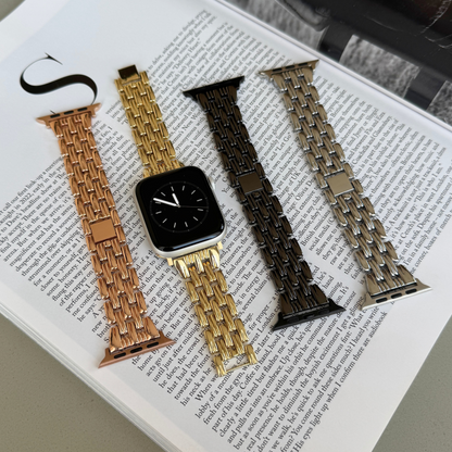 Feminine stainless steel Apple Watch band with a smooth interior and sleek, fashion-forward design. Available in gold, rose gold, silver, and black. Elevates every outfit. Compatible with Apple Watch Series 1-10, SE, and Ultra