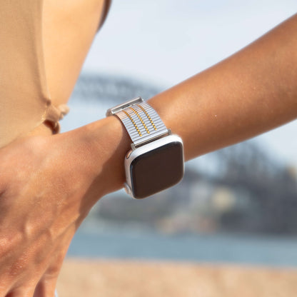 Unisex stainless steel Apple Watch band with a lightweight design and waterproof finish. Features an easy-to-use clasp for effortless wear. Compatible with Apple Watch Series 1-10, SE, and Ultra.