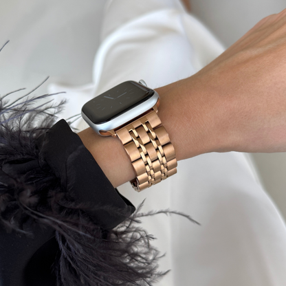 Stainless steel, waterproof Apple Watch band with a minimalist yet classy design and a secure, comfortable clasp. Unisex and high-quality. Compatible with Apple Watch Series 1-10, SE, and Ultra.