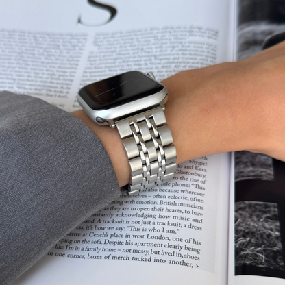 Stainless steel, waterproof Apple Watch band with a minimalist yet classy design and a secure, comfortable clasp. Unisex and high-quality. Compatible with Apple Watch Series 1-10, SE, and Ultra.