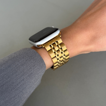 Stainless steel, waterproof Apple Watch band with a minimalist yet classy design and a secure, comfortable clasp. Unisex and high-quality. Compatible with Apple Watch Series 1-10, SE, and Ultra.