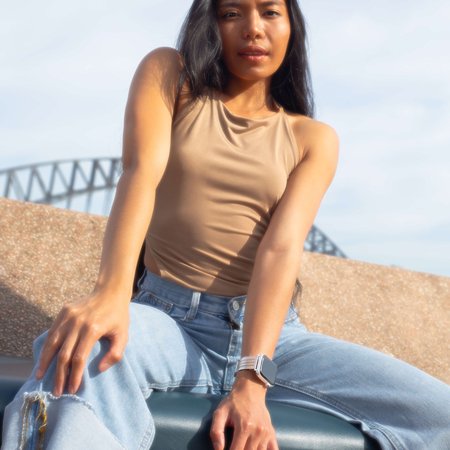 Unisex stainless steel Apple Watch band with a lightweight design and waterproof finish. Features an easy-to-use clasp for effortless wear. Compatible with Apple Watch Series 1-10, SE, and Ultra.